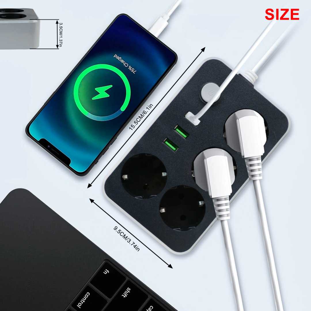 موزع كهرباء متعدد المنافذ USB + كابل بثلاثة رؤوس